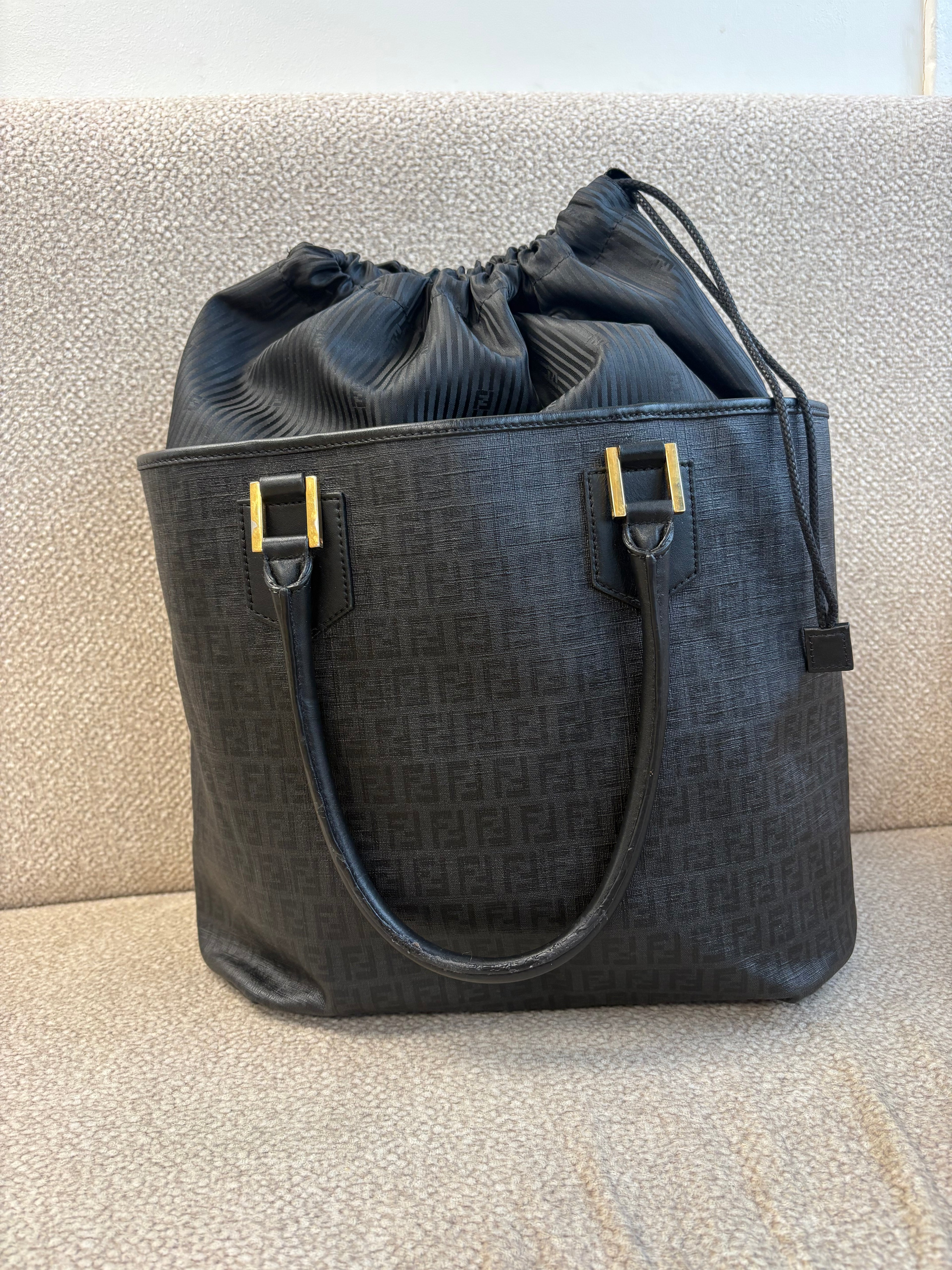 Fendi Black Zucchino Coated Canvas Spalmati Drawstring Tote
