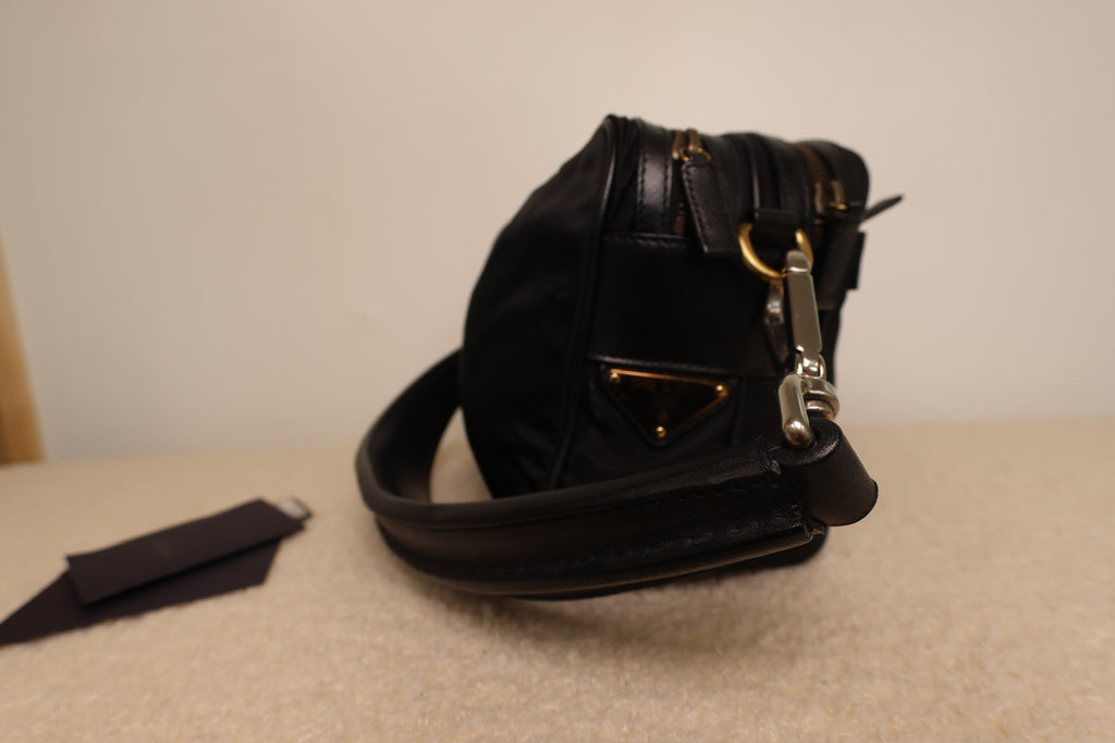 Prada Vintage Black Nylon and Black Leather Strap Shoulder Bag