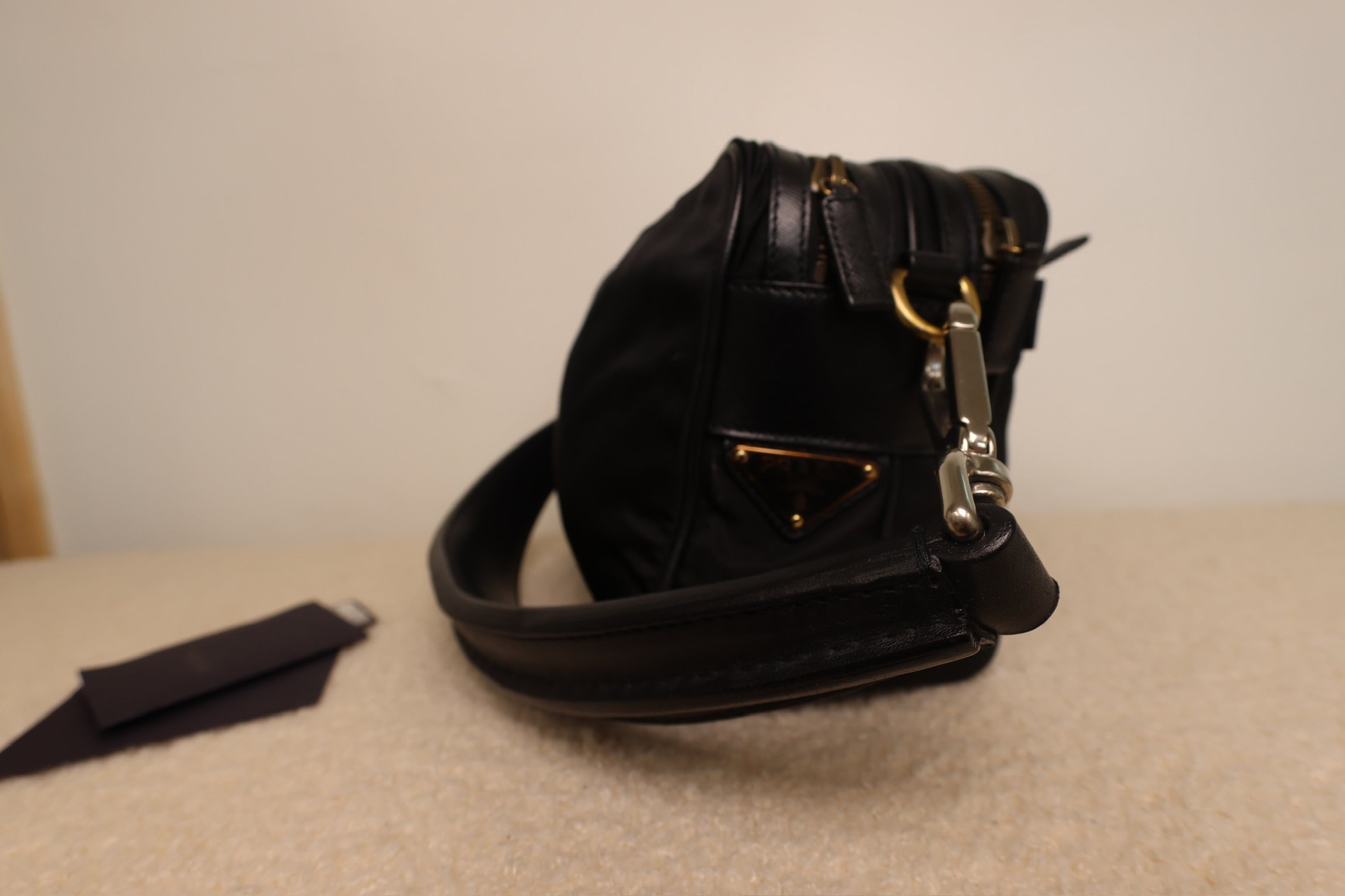 Prada Vintage Black Nylon and Black Leather Strap Shoulder Bag