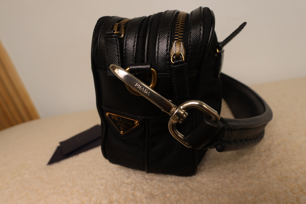 Prada Vintage Black Nylon and Black Leather Strap Shoulder Bag
