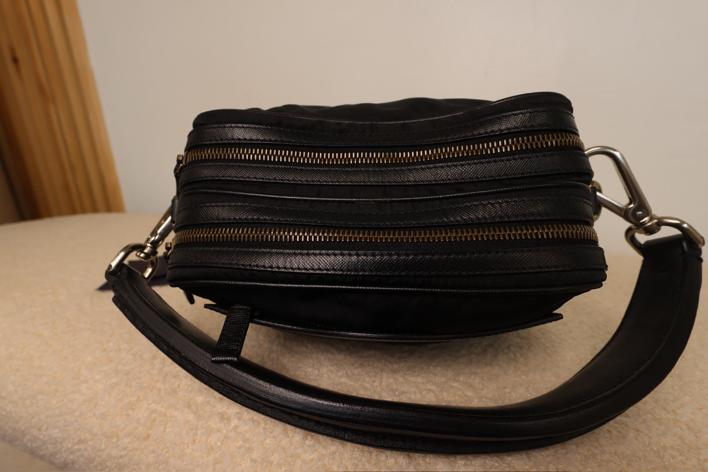 Prada Vintage Black Nylon and Black Leather Strap Shoulder Bag