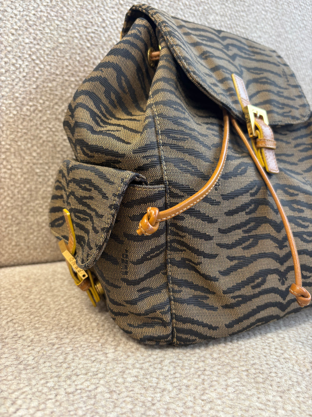 Vintage Fendi Backpack In Tiger Jacquard Canvas