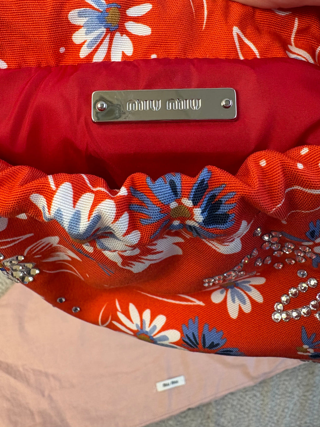 Miu Miu crystal-embellished floral print drawstring pouch