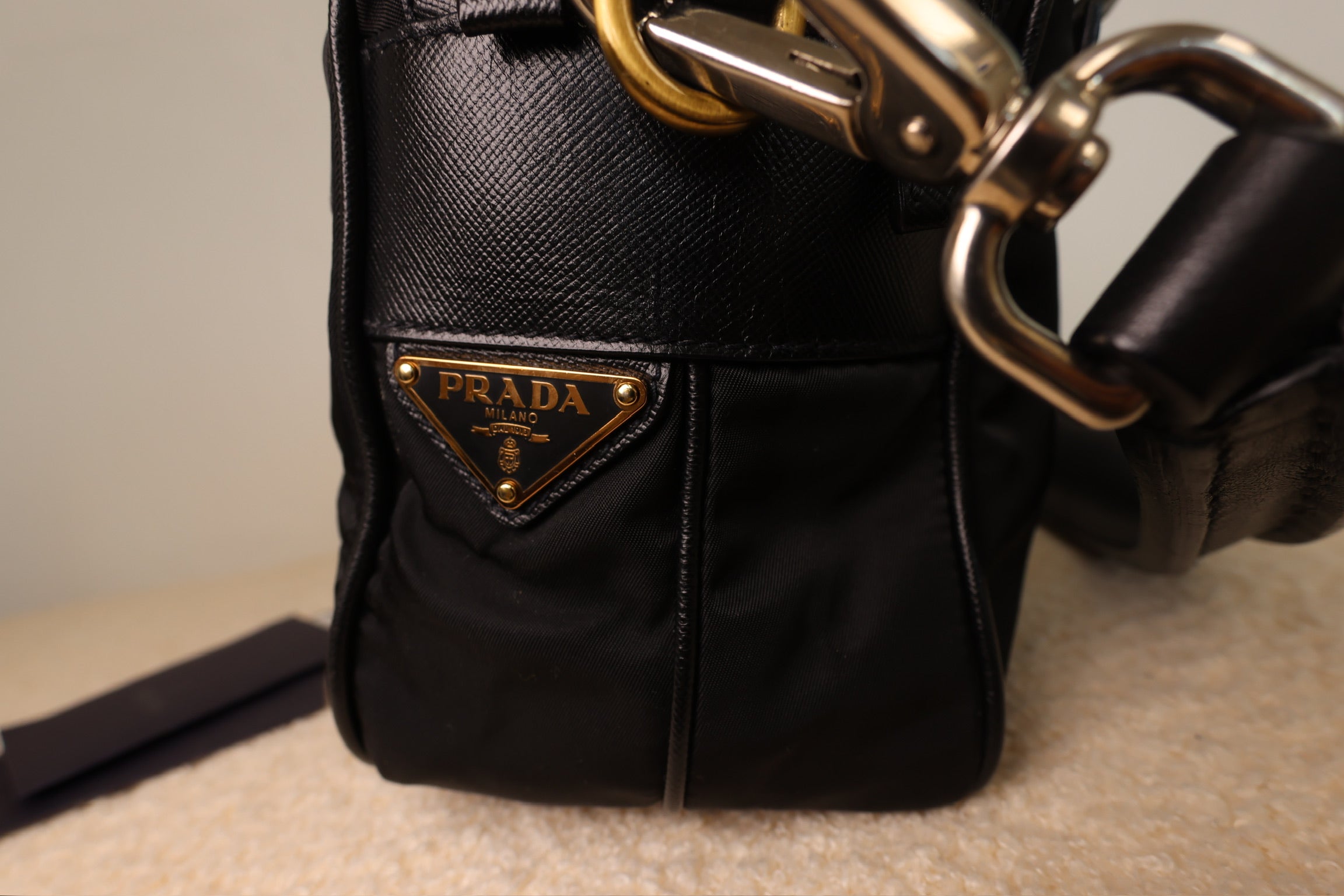 Prada Vintage Black Nylon and Black Leather Strap Shoulder Bag